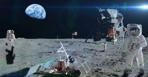 Apollo Astronauts Leaps on Moon Blue Flare Making New Discovery Stock Footage 76377755