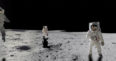 Apollo Astronauts Making Discovery on Moon Lunar Craft Long Panning Stock Footage 76417036