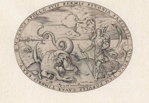 Apollo beat Python; Mythological scenes. Apollo on an island in the sea, w... 스톡 사진