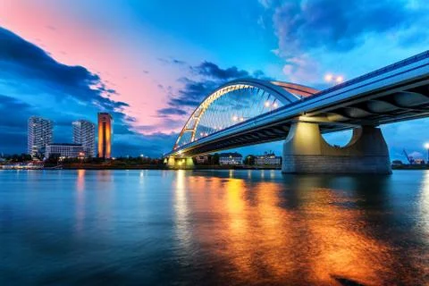 Apollo bridge before storm with dramatic clouds at evening, Slovakia, Europe 스톡 사진