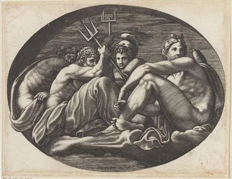 Apollo, Neptune, Pluto and Minerva; Oval ceiling paintings in the d ulysse... Foto stock