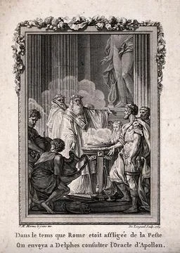 Apollo: Romans sent to consult the priests of Apollo at Delphi about an att.. Stock-Illustration