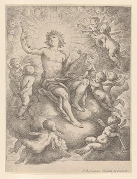 Apollo, seated on a cloud and holding a lyre and pipe, surrounded by putti .. Stock Photos