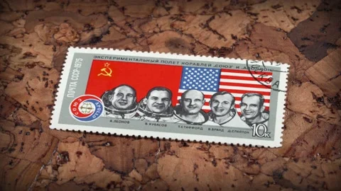 Apollo-Soyuz test project astronauts, 1st joint USA and USSR flight, post stamp Stock Footage 134644846