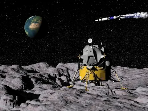 Apollo on surface of moon, with Saturn V rocket in the background. Stock Illustration