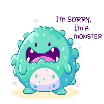 Apologize card with sad cute tiny monster. Inscription I'm sorry, I'm a mon.. Stock Illustration