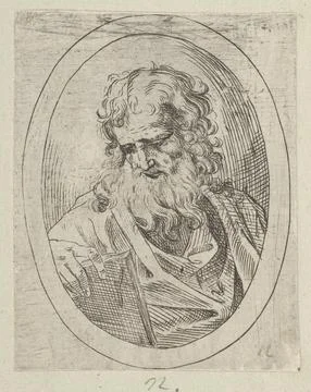 An apostle with a long beard looking down at an open book, in an oval frame.. Stock Photos