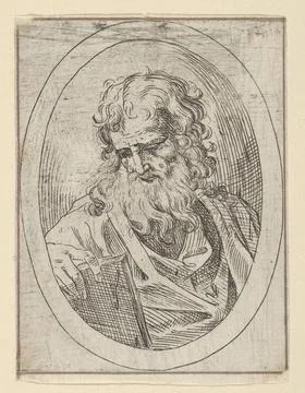 An apostle with a long beard looking down at an open book, in an oval frame.. Stock Photos