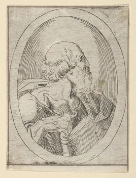 An apostle seen in profile facing right, holding an open book, in an oval f.. Stock Photos