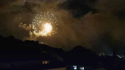 Apostles fireworks exploding over Santiago de Compostela at night Stock Footage 340521545