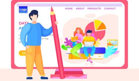 App for analysing data landing page template. The guy stands with a pink pencil 스톡 일러스트