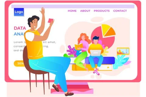 App for analysing data landing page template. The guy looks at the red card and Stock Illustration
