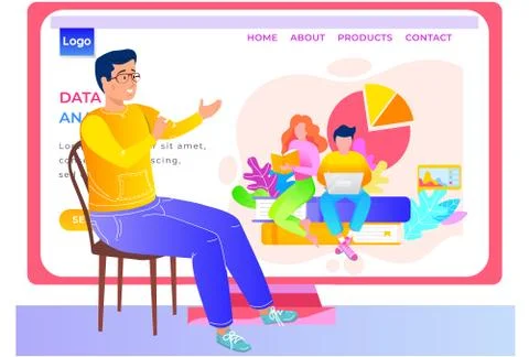 App for analysing data landing page template. The guy sittind and looking at the Illustrazione stock