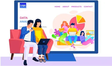 App for analysing data landing page template. Couple sitting with laptop and 스톡 일러스트