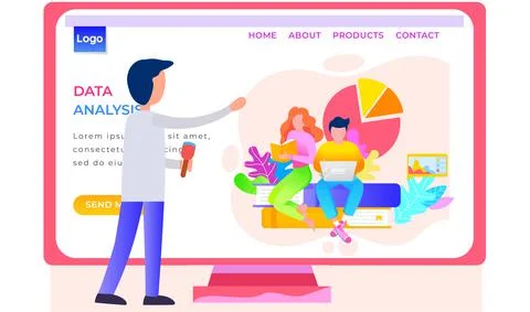 App for analysing data landing page template. Guy with a brush touches the Illustrazione stock