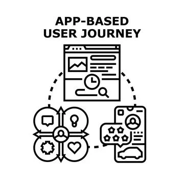 App based user journey concept with digital screens Ilustração Stock