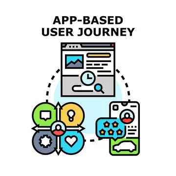 App based user journey concept with digital screens Stock Illustration