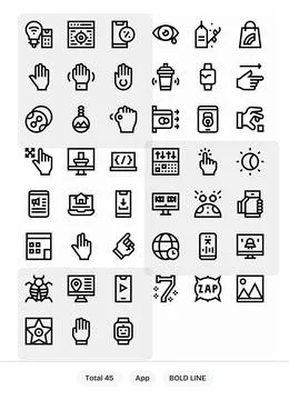 App Comprehensive Vector Bundle with 45 Detail Enhanced Bold Line 128x128 Ico Stock Illustration