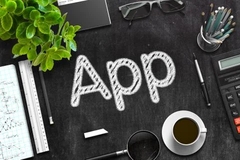 App Concept on Black Chalkboard. 3D Rendering イラスト素材