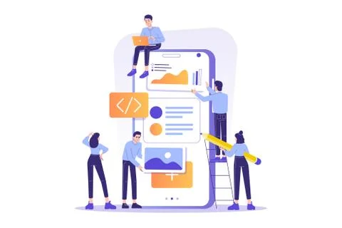 App Design and Development concept. Developers team creating or programming a Illustrazione stock