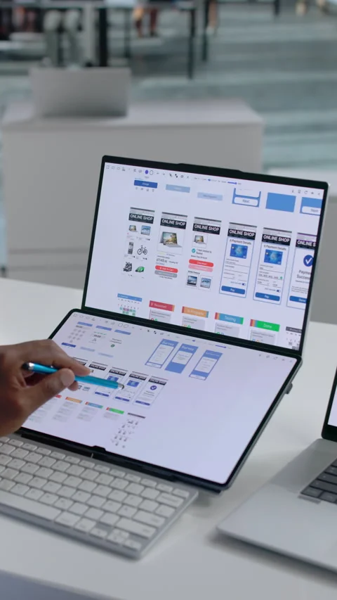 App Developer Carefully Designs User Interface On Laptop Video stock 341005525