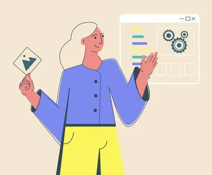 App developer concept for site. Programmer placing contents on smartphone s.. Illustrazione stock