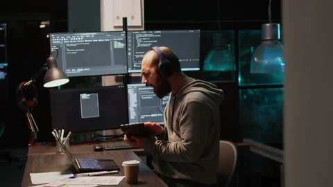 App developer playing air guitar in coding office Stock Footage 224579463