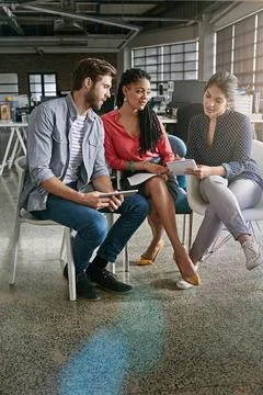App developer, tablet and people in startup for brainstorming, homepage layout Stockfoto's