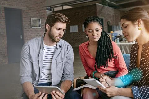 App developer, tablet and people in meeting for planning, homepage layout and 스톡 사진