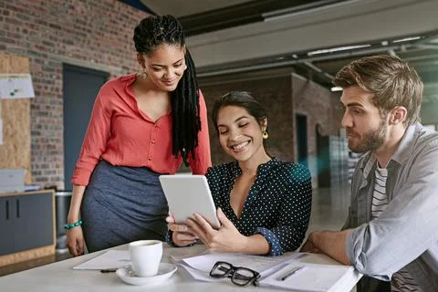 App developer, tablet or people in startup for teamwork, homepage layout or web Foto stock