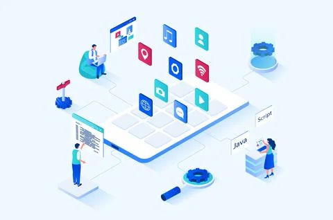 App development 3d isometric web design. People create user interface template Stock Illustration