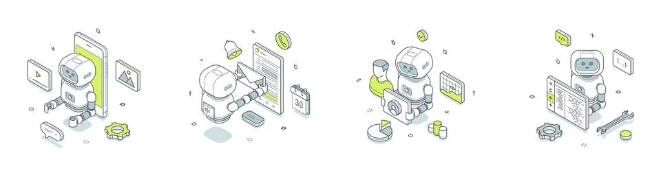 App development and user support isometric vector illustration. Chatbot creat Stock Illustration