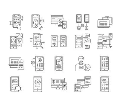 App development black line icons set. Creating and using a mobile application 스톡 일러스트