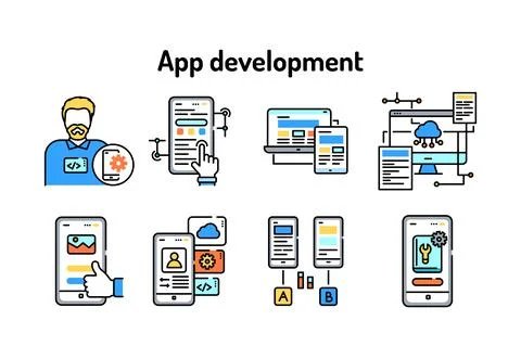 App development black line icons set. Creating and using a mobile application 스톡 일러스트