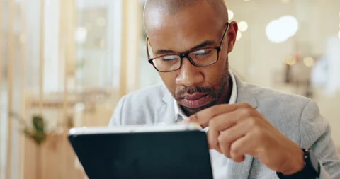 App development, business and tablet with black man in office for web design Stock Footage 295100637