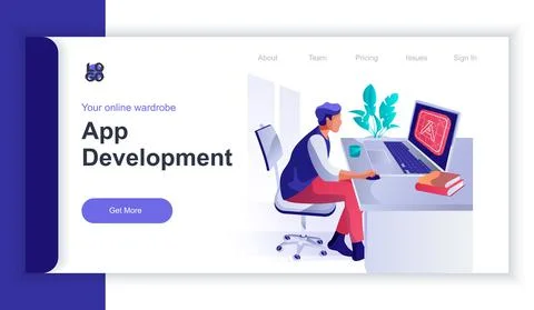 App development concept 3d isometric web banner with people scene. Man works at Stock Illustration