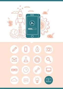 App development concept banner with a set of related icons Stock Illustration