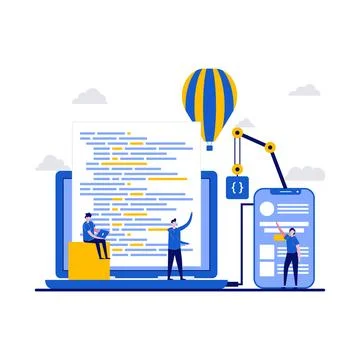 App development concept with character. Programming code and application cr.. Stock Illustration