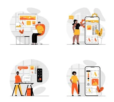 App development concept with character set. Collection of scenes people progr Stock Illustration