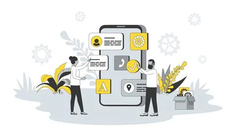 App development concept in flat design with people. Man and woman place buttons Stock Illustration