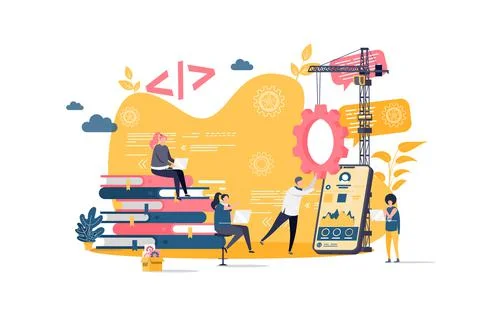 App development concept in flat style. Developers team creating mobile app scene Stock Illustration