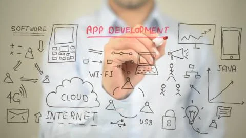 App Development Concept Illustration,  Man writing on transparent screen Stock Photos