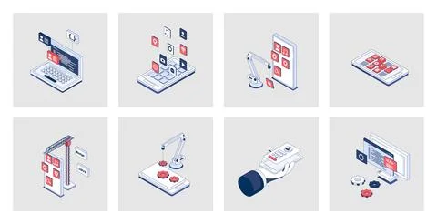 App development concept of isometric icons in 3d isometry design for web. A.. Stock Illustration