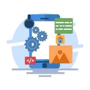 App development concept, mobile UI UX, web design, app design, coding, Stockillustratie