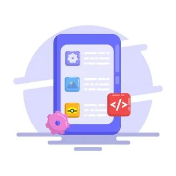 App development concept, mobile UI UX, web design, app design, coding. Stock Illustration