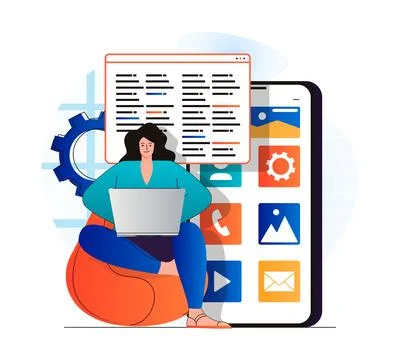 App development concept in modern flat design. Woman developer works on laptop Illustrazione stock