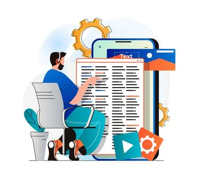 App development concept in modern flat design. Man developer coding code, ui イラスト素材