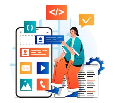 App development concept in modern flat design. Developer places buttons at Illustrazione stock