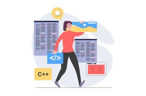 App development concept in modern flat design for web. Woman designer progr.. Illustrazione stock