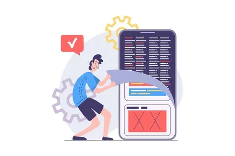 App development concept in modern flat design for web. Man designer program.. Stock Illustration